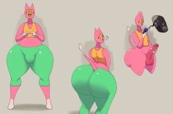 anthro ass balls big_butt big_penis blue_eyes blush bottomwear breasts clothing domestic_cat electronics felid feline felis genitals hi_res jovi_cap male mammal masturbation pants penis penis_grab phone pink_body shirt solo tail thick_thighs topwear