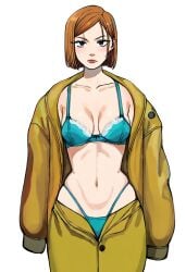 ai_generated alternate_costume highres jacket jujutsu_kaisen kugisaki_nobara lace-trimmed_bra lace-trimmed_panties loose_clothes perfect_body tagme unbuttoned_jacket