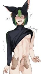 2boys absurdres animal_ear_fluff animal_ears black_hair black_shirt blush fox_boy fox_ears genshin_impact green_eyes green_hair hair_between_eyes highres male_focus male_masturbation masturbation multicolored_hair multiple_boys navel nipples penis ra_gi_ren shirt short_hair stomach streaked_hair tighnari_(genshin_impact) tongue tongue_out yaoi