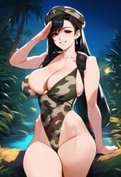 2d ai_generated beret big_breasts black_hair camouflage female_only final_fantasy final_fantasy_vii hellblueboy4 highleg leotard long_hair outdoors salute smile solo solo_female solo_focus square_enix tagme tifa_lockhart