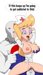 1boy 1boys 1girl 1girls animaniacs big_breasts big_penis blonde_hair blue_eyes breast_grab chain_necklace closed_eyes clothing cristaldrawings crossover cumming cumming_while_penetrating dialogue faceless_male hello_nurse kiss_mark lipstick_mark lipsticks nurse nurse_cap nurse_uniform pepsi pepsiman running_makeup