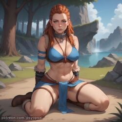 1girls abs ai_generated aloy artist_name blue_eyes breasts clothed clothing colored digital_media_(artwork) erect_nipples erect_nipples_under_clothes female female_focus female_only fit_female front_view horizon_zero_dawn kneeling loincloth midriff muscles nipples nipples_visible_through_clothing no_panties psyopsai red_hair solo solo_focus thick_thighs thighs underwear watermark