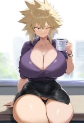 ai_generated bakugou_mitsuki blonde_hair cleavage coffee jaygoats large_breasts legs_apart looking_at_viewer milf mitsuki_bakugou my_hero_academia office office_clothing office_lady sitting smile thick_thighs thong wide_hips winking_at_viewer