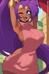 1girls blush breasts cleavage closed_eyes clothed clothing eyebrows eyelashes eyes female female_focus female_only hair hips one_eye_closed purple_hair scrimblocrimbo shantae shantae_(character) wide_hips