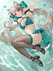 absurd_res ai_generated beach bikini bikini_bottom bikini_top cat_ears cat_tail catgirl genshin_impact lynette_(genshin_impact) ministro stockings string_bikini water