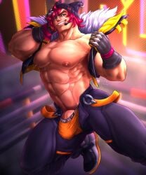 abs erection_under_clothes gay green_eyes heartsteel_series heartsteel_sett league_of_legends male male_only montymong muscular_male nipples pecs sett shirtless underwear