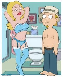 american_dad bathroom black_eyes blonde_hair blue_lingerie francine_smith imminent_sex jeff_fischer kurt_lenman lingerie milf pink_lipstick shorter_male taller_female