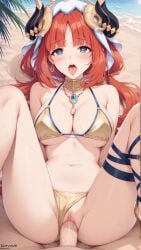 ahe_gao ai_generated beach blue_eyes breasts genshin_impact gold_bikini golden_bikini heart-shaped_pupils horn_jewelry hoyoverse jewelry kuranai_ mihoyo missionary_position nilou_(genshin_impact) ocean open_mouth outdoors palm_tree red_hair sand solo_focus tongue_out uncensored vaginal_penetration veil watermark