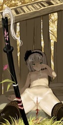 after_sex arm_grab as109 blood blush breasts cum cum_on_body cumdrip duplicate female from_behind hairband nipples nude open_clothes open_mouth penis pussy short_hair silver_hair sitting solo tears touhou youmu_konpaku