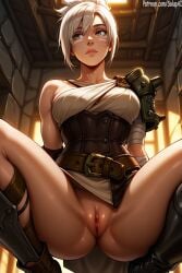 1girls ai_generated between_legs brown_eyes female female_only from_below front_view league_of_legends league_of_legends:_wild_rift looking_away medium_breasts mostly_clothed no_panties patreon pussy riot_games riven salupai short_hair short_ponytail showing_pussy solo solo_female spread_legs squatting thick_thighs thighs uncensored watermark white_hair