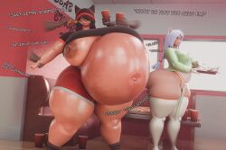 2girls 3d bbw bloated_belly bonkshonk bottom_heavy cassia_(bonkshonk) cat_ears cathrine_(bonkshonk) cghonk fat female female_focus force_feeding huge_ass huge_belly huge_breasts huge_nipples nervous overweight public stretch_marks stuffing thighhighs wide_hips