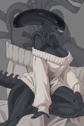 1girls alien alien_(franchise) alien_girl alien_humanoid bare_shoulders big_breasts bottomless bottomless_sweater breasts eyeless female_xenomorph humanized no_pants sage_hood sagehoods sharp_teeth simple_background smiling solo sweater tagme tail thick_thighs thighs xenomorph