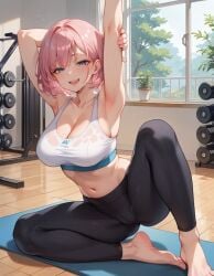 ai_generated barefoot cameltoe gym historyia leggings midriff original original_character pink_hair smile sports_bra stretching witch_gem_disaster yoga_mat yoga_pants