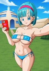 ai_generated big_breasts bikini blue_eyes blue_hair bob_cut bulma_briefs bulma_briefs_(frieza_saga) civitai dragon_ball dragon_ball_z eyepatch_bikini hard_nipples holding_object holding_phone large_breasts nipple_slip nipples object_in_hand see-through_bikini see-through_clothing selfie selfie_pose smartphone smile straight_hair