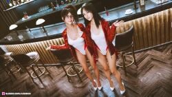 2023 2girls 3d asian asian_female bar black_hair breast_size_difference brown_hair cute female glasses high_heels indoors jacket lewd4d looking_at_viewer medium_breasts multiple_girls one-piece_swimsuit red_jacket small_breasts smile standing swimsuit viewed_from_above white_high_heels