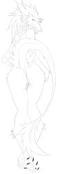 anthro anus ass clitoral_hood dakimakura dakimakura_design electronics female fur genitals headphones hi_res kanevex line_art lying multicolored_body multicolored_fur nude on_front prehensile_clitoral_hood pussy rear_view rhythm_(rennec) sergal smile solo wide_hips