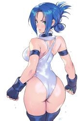 1girls 2024 ass blair_dame blue_hair capcom female female_only fighting_ex_layer fingerless_gloves green_eyes hi_res legwear leotard looking_at_viewer looking_back looking_back_at_viewer matsuda_(matsukichi) rear_view smiling smiling_at_viewer solo street_fighter street_fighter_ex thick_ass tied_hair white_background wide_hips