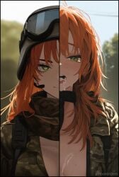 1girls 2girls ai_generated before_and_after cum cum_in_mouth freckles ginger_hair green_eyes helmet military_uniform moonbrideai questionable_consent red_hair tears