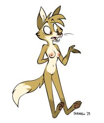 2023 anthro areola breasts brown_eyes canid canine countershading digital_drawing_(artwork) digital_media_(artwork) female fox fur genitals mammal navel nipples nora_(serareldeer) nude pawpads pussy serareldeer sharp_teeth solo teeth whiskers yellow_body yellow_fur