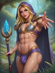 1boy ai_generated ambush_(trap) armor balls blonde_hair blue_eyes bulge clothed dick femboy forest jaina_proudmoore mage magic male male_only midriff muscular_abs muscular_arms muscular_femboy muscular_thighs pale-skinned_femboy penis pinup rule63 solo staff trap veiny_muscles warcraft_3 world_of_warcraft