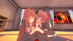 1boy 2girls 3d after_fellatio big_penis blue_eyes bottomless breasts brown_hair classroom closed_eyes cum cum_on_face doki_doki_literature_club female gomgom heart-shaped_pupils human human_only light-skinned_female light-skinned_male light_skin looking_at_viewer lying_on_back male male/female monika_(doki_doki_literature_club) penis pink_hair pov sayori_(doki_doki_literature_club) student