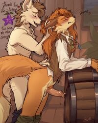 anal anthro blush bodily_fluids canid canine cum cum_while_penetrated duo elliott_(stardew_valley) fox from_behind_position genital_fluids genitals hair hi_res humanoid_genitalia humanoid_penis long_hair male male/male mammal penetration penis sex side_view standing stardew_valley tatujapa