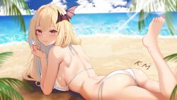 1girls bikini blonde_hair blush female female_only kou_mariya light-skinned_female light_skin monster_girl outdoors petalight pointy_ears purple_eyes raiou sand solo swimsuit v4mirai vampire vampire_girl virtual_youtuber water white_bikini