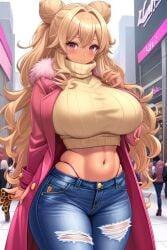 1girls ai_generated bangs big_breasts blonde_hair blush clothed clothed_female coat crop_sweater crop_turtleneck cropped_sweater denim_bottomwear denim_jeans fit_female gyaru hair_bun jeans long_hair pink_coat pink_eyes ripped_jeans slim_waist slutty_clothing street sweater tan_body tanned tanned_girl thong turtleneck turtleneck_sweater visible_underwear wavy_hair whale_tail_(clothing) wide_hips zarazin