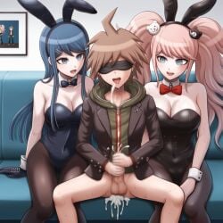 1boy 2girls :d ai_generated bare_shoulders big_breasts blindfold bunny_girl cum danganronpa danganronpa:_trigger_happy_havoc femdom highres humiliation junko_enoshima leotard maizono_sayaka masturbation naegi_makoto nai_diffusion pantyhose playboy_bunny restrained saliva sandwiched sitting smile stable_diffusion sweat tongue_out watching