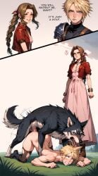 aerith_gainsborough ai_generated anal anal_sex clenched_teeth cloud_strife defeated disappointed english_text femboy feral_on_human feral_on_male final_fantasy_vii gay instant_loss_2koma male_penetrated outdoors rape watching wolf zoophilia