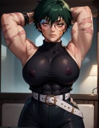 1girls 2024 abs ai_generated big_breasts green_hair jujutsu_kaisen muscular_female pants patreon_username round_glasses saintsart scar scar_on_arm scar_on_face short_hair stable_diffusion strong_woman tagme tight_clothing tomboy white_belt yellow_eyes zenin_maki