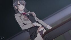 artist_logo black_hair black_panties blurry blurry_background breasts chalkboard classroom clothes_lift crotch_rub dutch_angle english_commentary female female_masturbation furrowed_brow grey_hair grinding hair_between_eyes highres indoors keihh kimishima_ayano lapels long_hair long_sleeves masturbation masturbation_through_clothes medium_breasts notched_lapels paid_reward_available panties parted_lips purple_eyes school_uniform seiren_academy_school_uniform skirt skirt_lift sleeve_cuffs solo string_panties table_humping thighs tokidoki_bosotto_russian_de_dereru_tonari_no_alya-san underwear