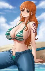 bikini female female_only jeans kyopink long_hair nami nami_(one_piece) one_piece orange_hair post-timeskip striped_bikini