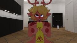 anthro antlers bathroom big_ass big_breasts blue_eyes breasts brown_body brown_fur cryptiacurves deer deltarune female nipples noelle_holiday thick_thighs tongue_out vrchat vrchat_avatar wet_floor_sign