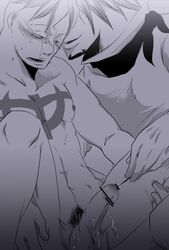 2boys abs gay insertion male male_only male_urethral_insertion marco_(one_piece) monochrome multiple_boys nude one_piece penis sounding sounding_rod tattoo testicles thatch_(one_piece) urethral_insertion yaoi