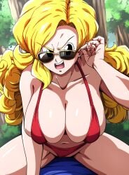 adjusting_eyewear ai_generated bikini blonde_hair cowgirl_position curly_hair dragon_ball looking_over_eyewear red_bikini stealth_sex style_parody sunglasses tinted_eyewear