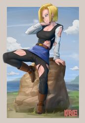 1girls android_18 blonde_hair blue_eyes boots cameltoe cleavage curvy dragon_ball erect_nipples female huge_areolae huge_breasts kabos puffy_nipples short_hair voluptuous wide_hips