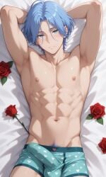 1boy abs ai_generated aqua_eyes armpits arms_behind_back blue_eyes blue_hair blue_underwear blush boxer_briefs bsky_link bulge dvxxxgrai gay illustrious_(stable_diffusion) langa_hasegawa leaves lying lying_on_back male male_only male_underwear navel nipples nude nude_male rose_(flower) sk8_the_infinity smile solo tagme toned toned_body toned_male twitter_link underwear valentine's_day yaoi