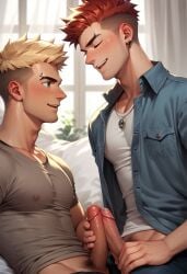 2boys 2males ai_generated blonde_hair commentary_request erect_penis erection frottage gay huge_pecs p0k3cock pecs penis penis_frottage pubic_hair red_hair shaved_side tagme teen_boy twink yaoi