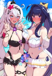 2girls ai_generated big_breasts bikini blue_eyes boris_(noborhys)_(style) honkai_impact_3rd kiana_kaslana long_hair raiden_mei reza3344 silver_hair violet_eyes violet_hair