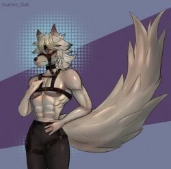 2024 abs anthro big_tail bottomwear breasts canid canine canis clothed clothing digital_media_(artwork) fur furry furry_male furry_only guy hair harness hi_res huge_tail leather looking_at_viewer male male_only mammal mihoyo muscular nipples one_eye_closed pants red_eyes scarlet_side simple_background sketch solo sound_effects tail von_lycaon vowelless vowelless_sound_effect white_body white_fur white_hair wolf wolf_ears zenless_zone_zero