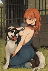 ai_generated canine collar dog female freckles ginger_hair green_eyes implied_bestiality implied_sex leash_and_collar moonbrideai overalls overalls_only red_hair sideboob sweat tongue_out zoophilia