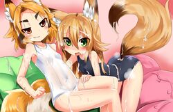 2girls animal_ears blush brown_eyes brown_hair crying cum cum_on_body cum_on_lower_body cum_on_tail cum_on_upper_body cute_fang fox_ears fox_tail green_eyes grin haik high_resolution kokonoe_tsubaki kurenai_tsubaki long_hair multiple_girls open_mouth orange_hair original smile swimsuit tail