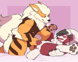 absurd_res anthro anus arcanine breasts chest_tuft duo female female_penetrated fluffy fluffy_tail fur generation_1_pokemon generation_7_pokemon genitals hand_holding hi_res katzenfaust lycanroc lying male male/female male_penetrating male_penetrating_female midnight_lycanroc nintendo on_back orange_body orange_fur penetration penile penile_penetration penis_in_pussy pokemon pokemon_(species) pussy red_body red_eyes red_fur sex shallow_penetration tail tuft vaginal_penetration vaginal_penetration