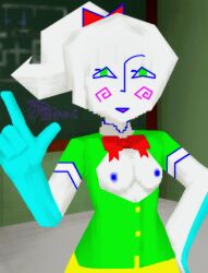 1girls 2d blue_arms blue_nipples blush blush_lines board bow bowtie breasts chalkboard digital_media_(artwork) female female female_focus female_only green_eyes green_shirt indoors miss_j. nipples pale_skin png red_bow red_bowtie rhy-c school scp-5094 scp_foundation self_upload small_breasts solo solo_female teacher tits_out uncensored watermark white_body white_hair white_skin