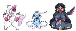 anthro big_breasts blue_body blue_nipples blush breasts closed_eyes female flat_chested fur gdei generation_3_pokemon genitals group hi_res makeup narrowed_eyes nintendo nipples open_mouth overweight overweight_female pokemon pokemon_(species) scar seviper swablu thick_thighs tongue tongue_out trio white_body white_fur zangoose