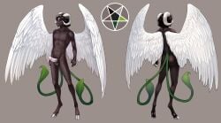 2_tails anthro apple-faced balls bovid brown_balls brown_hair caprine closed_eyes erection feathered_wings feathers front_view genitals hair hooves horn humanoid_genitalia humanoid_penis living_tail male male_anthro mammal model_sheet multi_tail nude penis rear_view reptile scalie sheep simple_background snake snake_tail solo standing tail unusual_anatomy unusual_tail white_hooves white_horn white_penis white_wings wings