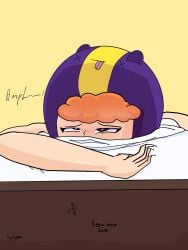 1boy 1girls ahe_gao ahe_gao ahegao_face bea_(brawl_stars) bed_sheet biting_sheets brawl_stars female heart heart-shaped_pupils heart_symbol implied_penetration implied_sex kingdagon muffled muffled_moaning sex