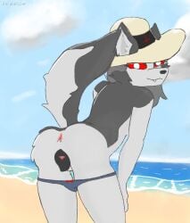 1girls animal_genitalia animal_vulva anthro anus ass beach canid canid_demon canine clothing clothing_around_legs demon demon_girl digital_drawing_(artwork) digital_media_(artwork) fangs female furry genitals goth goth_girl grey_body grey_fur grey_hair hat hat_ribbon headgear headwear hellaverse hellhound helluva_boss hi_res hot_professor long_hair looking_at_viewer looking_back loona_(helluva_boss) mammal mythological_canine mythological_creature mythology panties panties_around_legs presenting presenting_hindquarters presenting_vulva pussy red_sclera signature smile solo sun_hat swimwear tail teeth two_tone_body two_tone_fur two_tone_tail underwear underwear_around_legs vulva water white_body white_eyes white_fur wolf wolf_girl