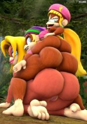 3d 3d_(artwork) 3girls anthro ass beanie big_ass blonde_hair blue_eyes bottomless brown_fur candy_kong dixie_kong donkey_kong_(series) ear_piercing earrings female female_only green_eyes kabalmystic_(style) looking_at_viewer on_top_of_another ponytail primate pussy relliksb stacked tiny_kong